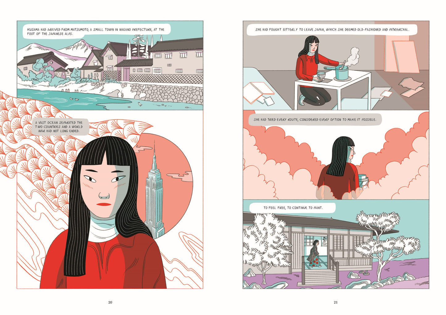 Illustrated comic book page with a woman in a red coat and black hair, set against a cityscape.