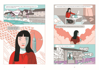 Illustrated comic book page with a woman in a red coat and black hair, set against a cityscape.