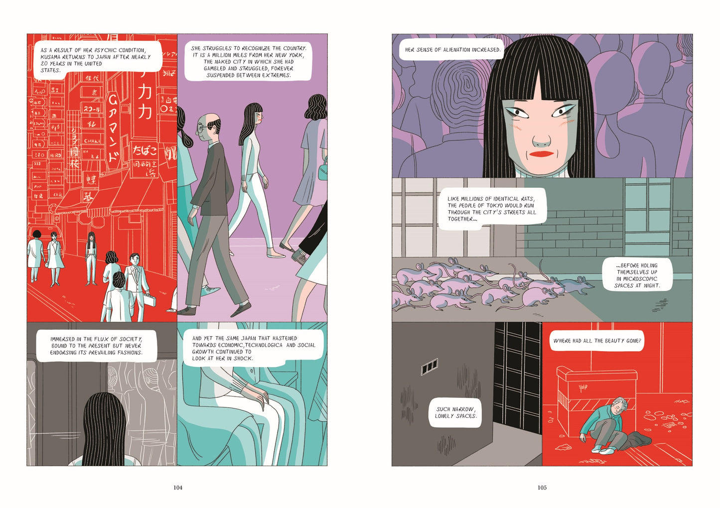 Comic book page with illustrations and text panels on a purple background