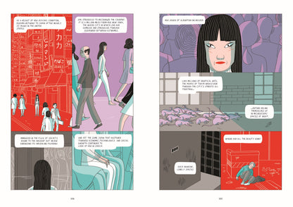 Comic book page with illustrations and text panels on a purple background