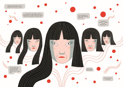 Illustration of a woman with multiple faces and speech bubbles on a white background