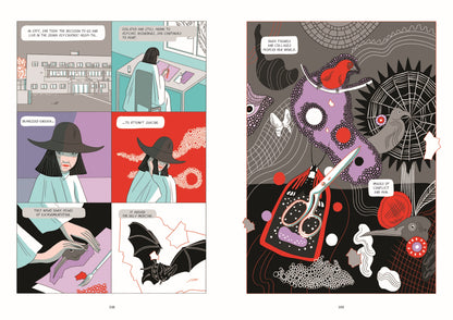 Comic book page with illustrated panels featuring a woman and abstract designs.