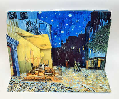 Pop-up book with a scene of a street at night, inspired by Van Gogh's style.