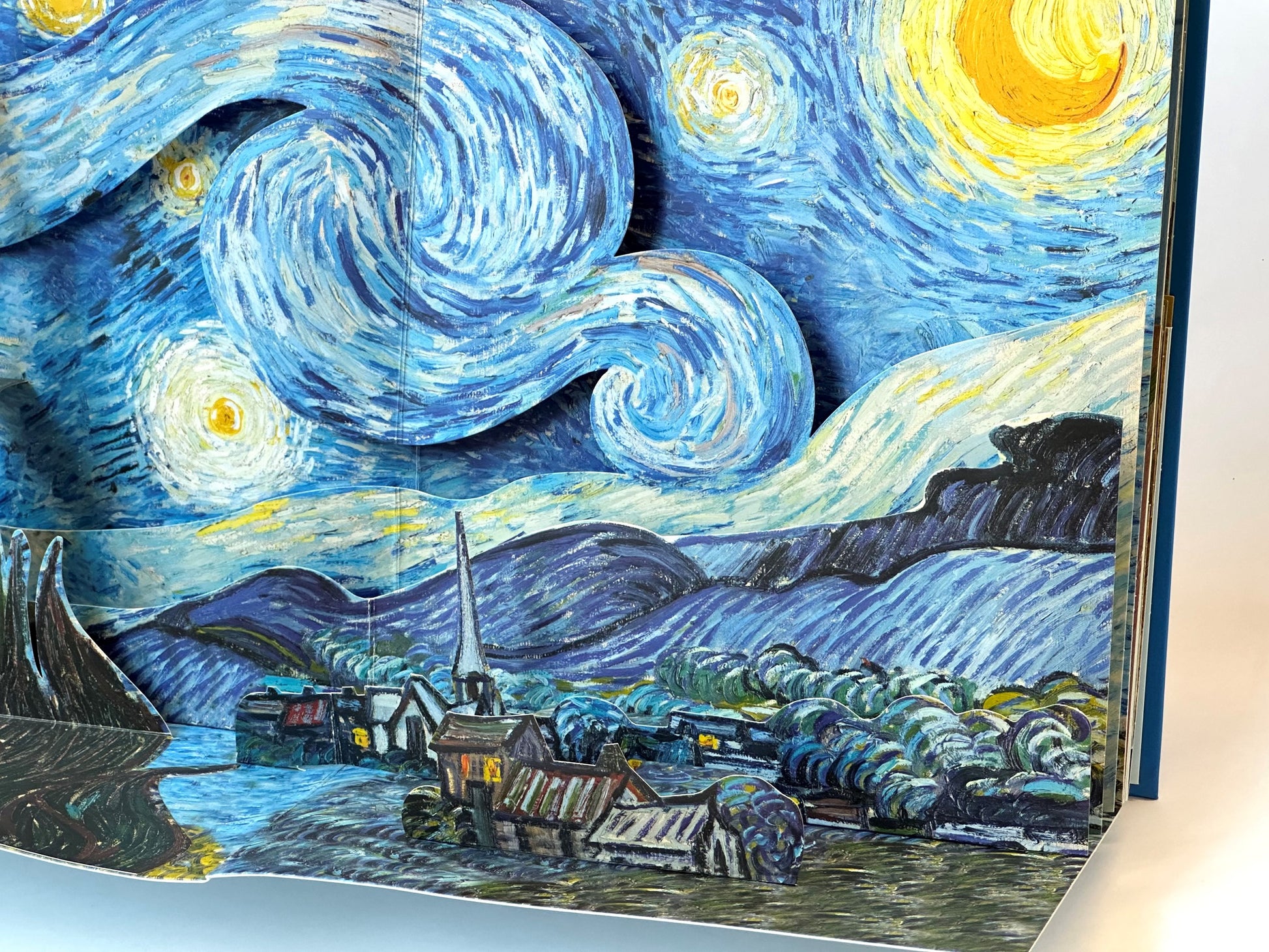 Artistic depiction of 'The Starry Night' with swirling blue sky and yellow moon.