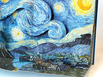 Artistic depiction of 'The Starry Night' with swirling blue sky and yellow moon.