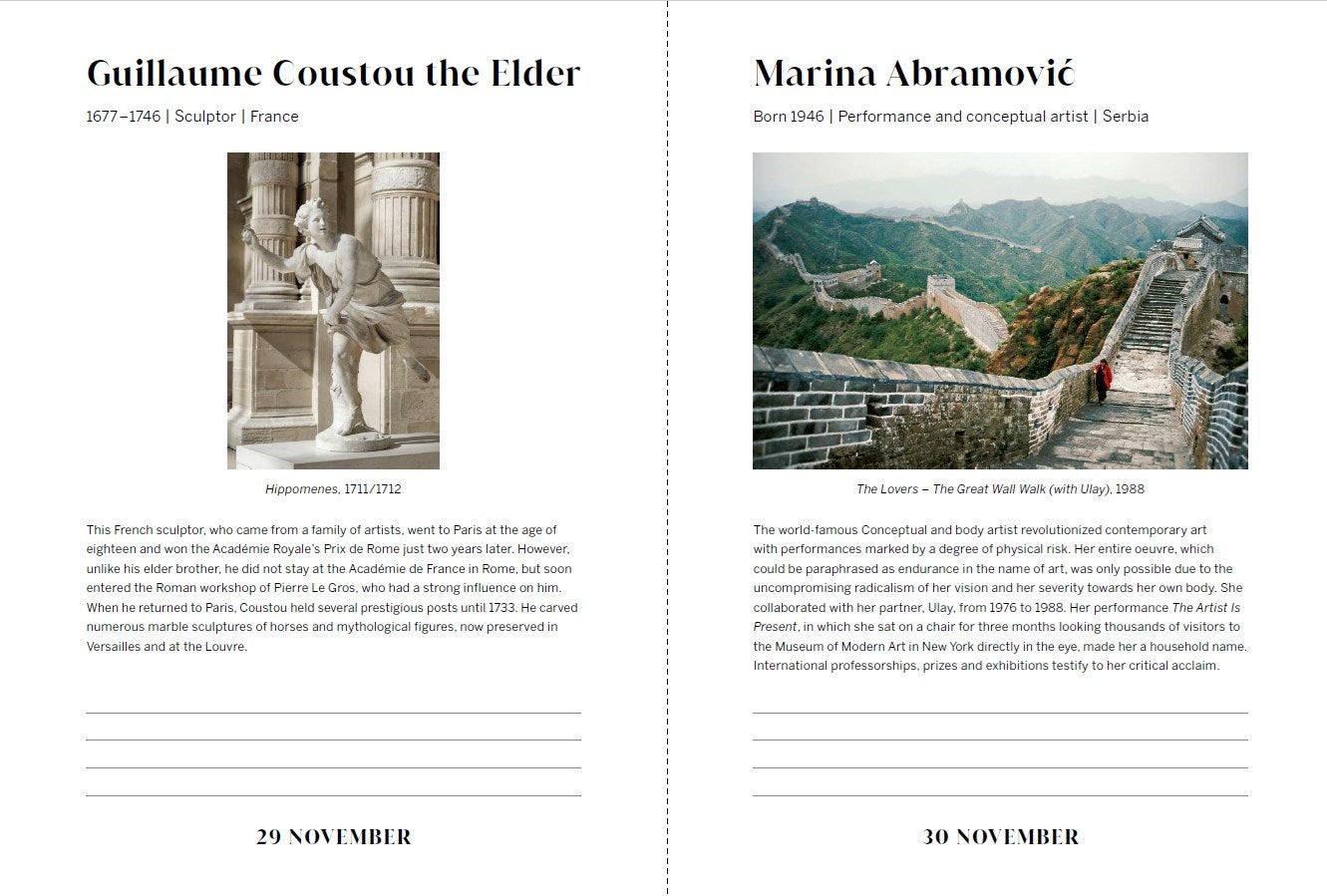 Two pages from a book or magazine featuring images and text about Guillaume Coustou the Elder and Marina Abramovié.