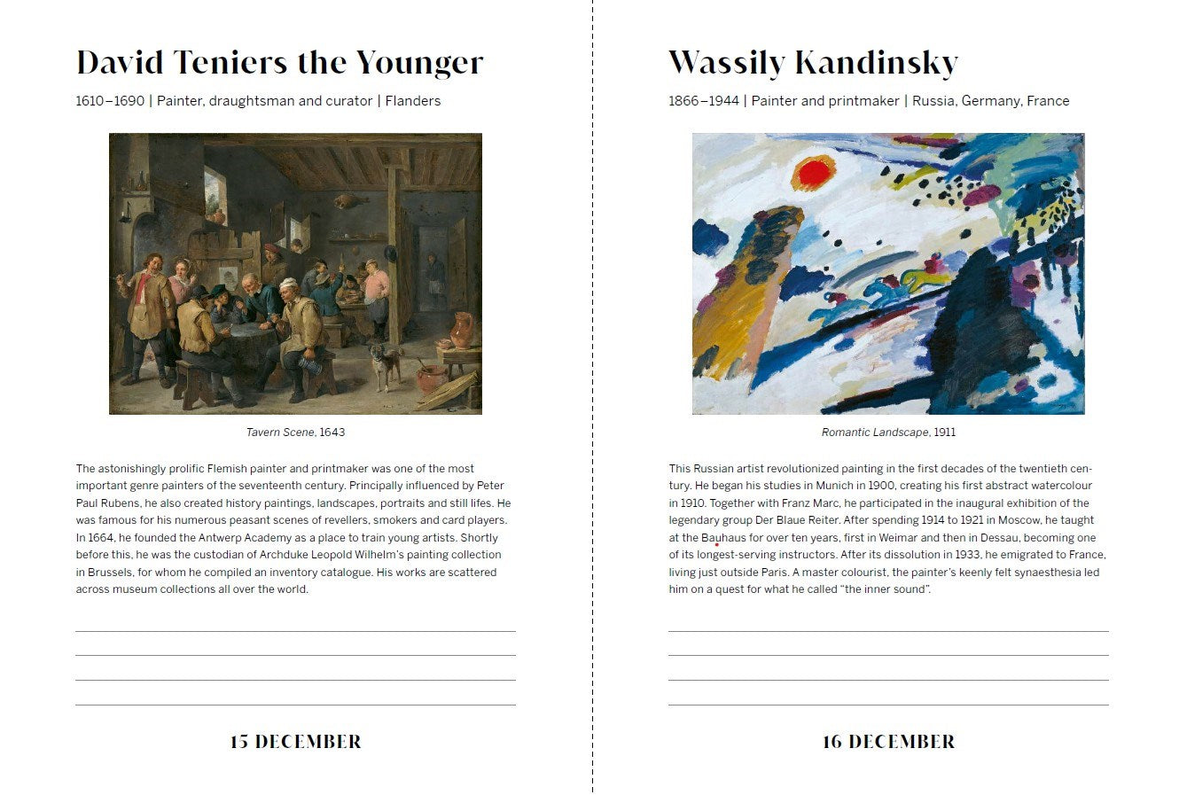 Two artworks by David Teniers the Younger and Wassily Kandinsky on a white background.