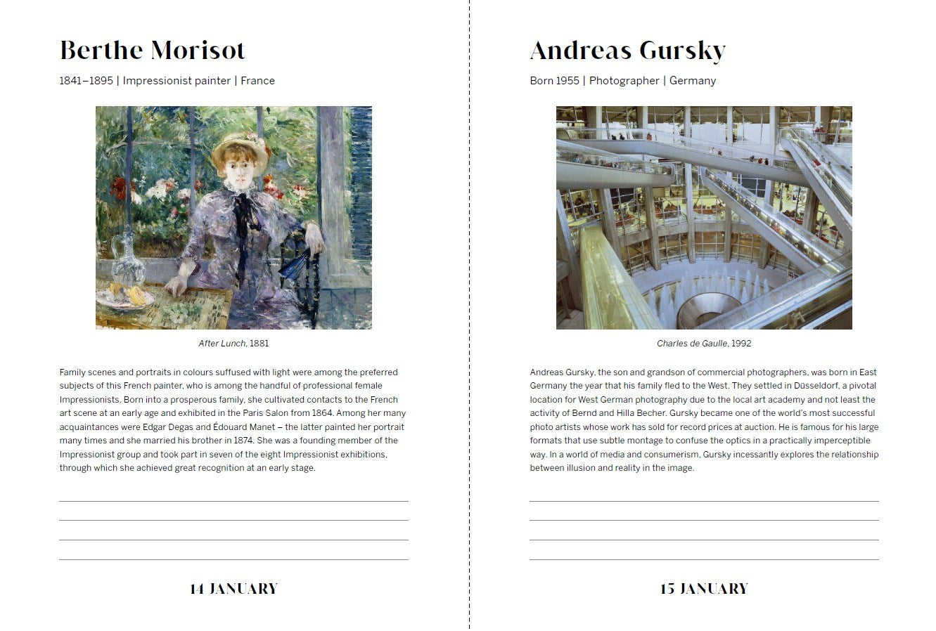 Two pages from a magazine or book featuring art and architecture, with text and images of artists and structures.