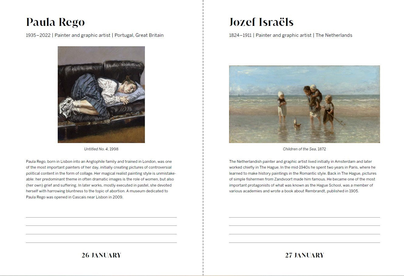Two pages from a book or magazine featuring art by Paula Rego and Jozei Israélis with images and brief descriptions.