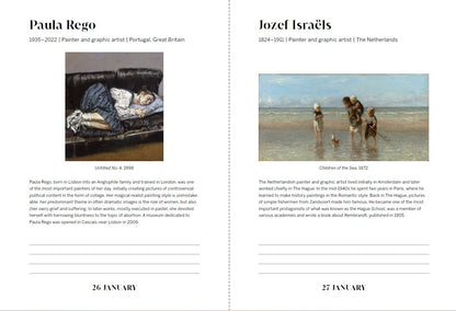 Two pages from a book or magazine featuring art by Paula Rego and Jozei Israélis with images and brief descriptions.