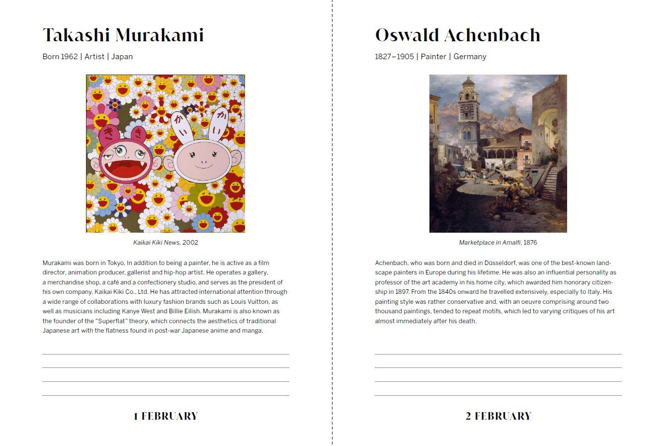 Two artworks by Takashi Murakami and Oswald Achenbach on a white background
