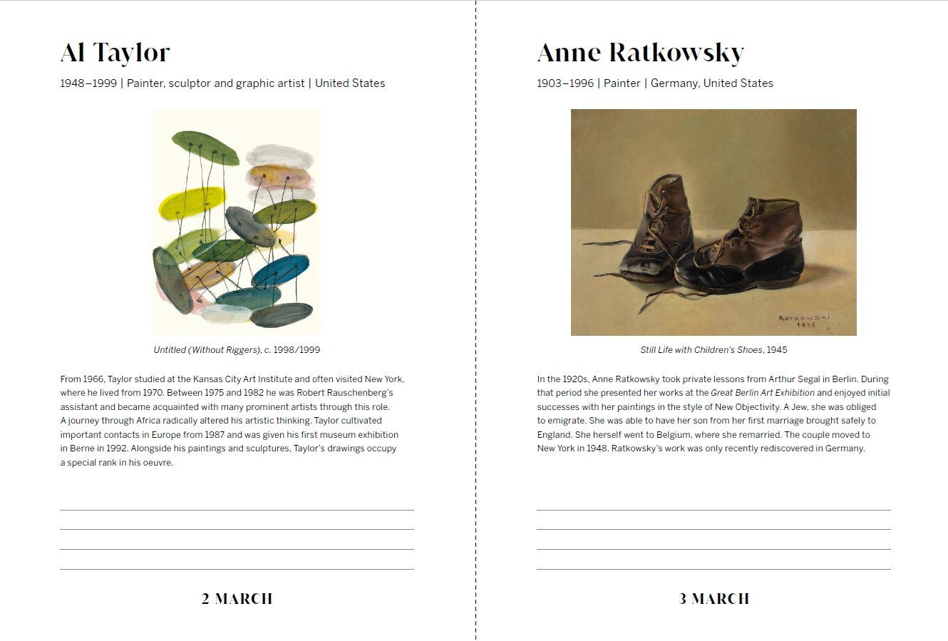 Two artworks by Al Taylor and Anne Ratkowsky on a white background with text.