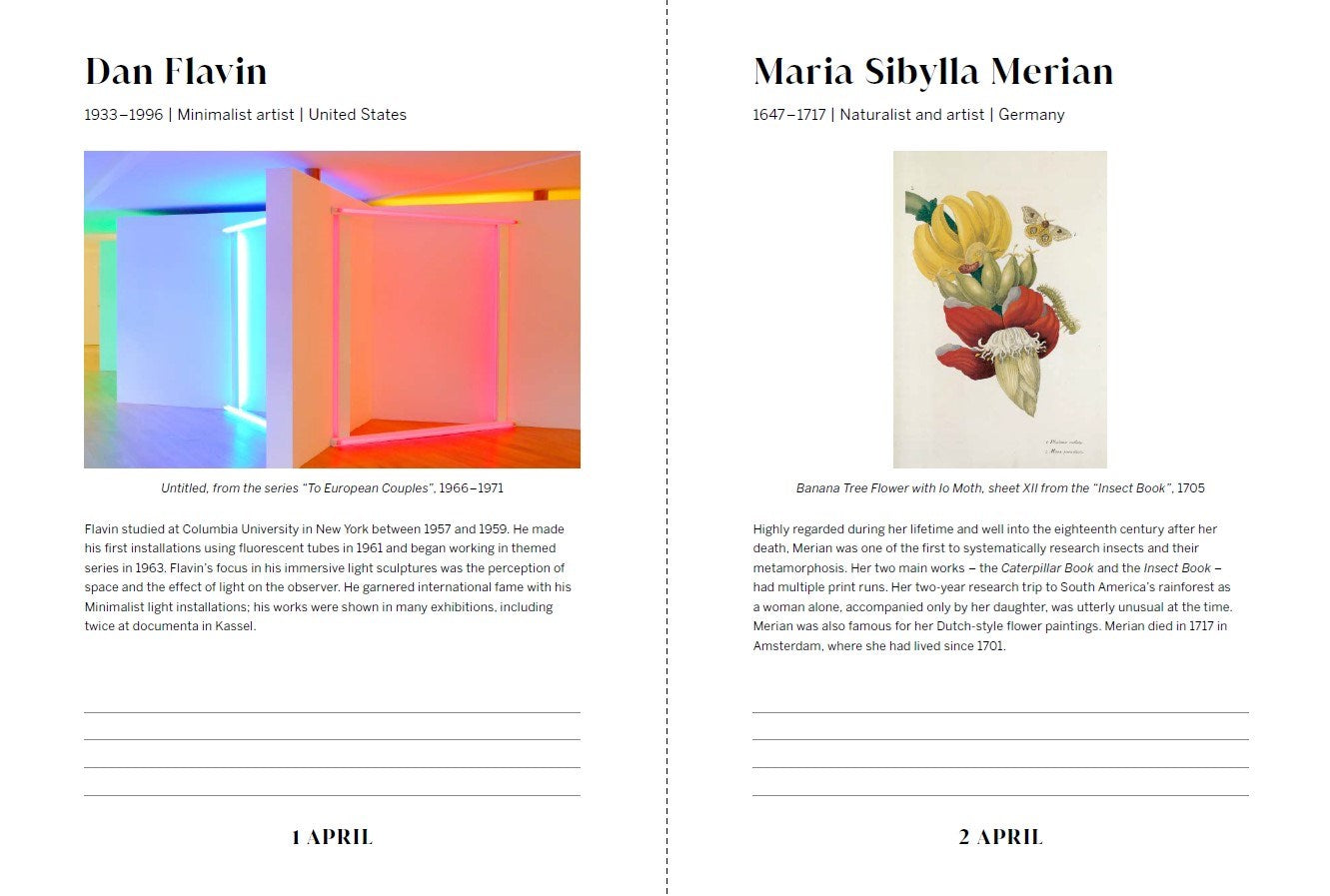 Two pages from a book or magazine featuring art by Dan Flavin and Maria Sibylla Merian.