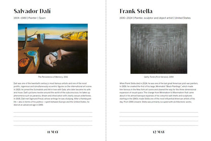 Two artworks by Salvador Dalí and Frank Stella on a magazine or book page.