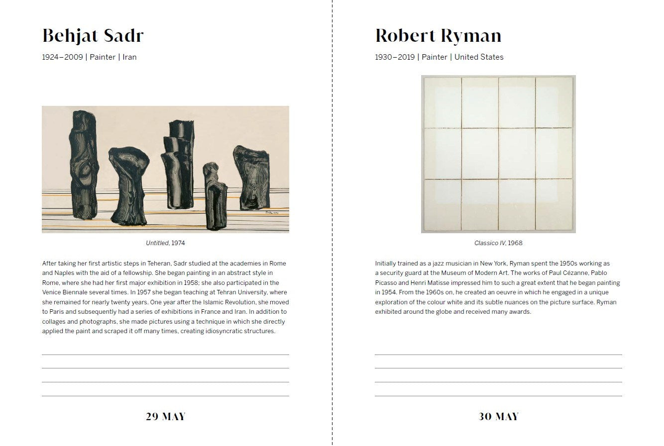 Pages from a book or catalog featuring sculptures by Behjat Sadr and Robert Ryman with text and dates.