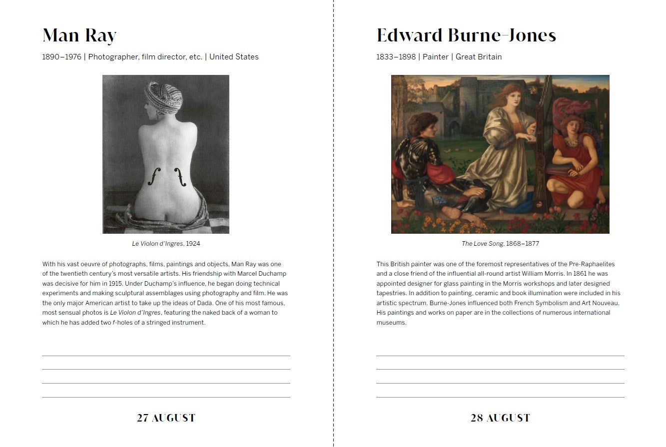 Two artworks by Man Ray and Edward Burne-Jones on a white background with text.