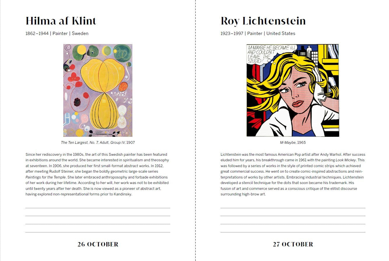 Two artworks by Hilma af Klint and Roy Lichtenstein on a white background with text.
