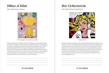 Two artworks by Hilma af Klint and Roy Lichtenstein on a white background with text.