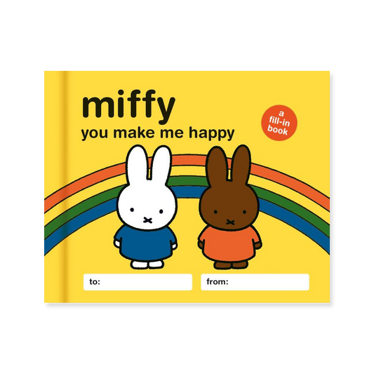Book cover with two cartoon bunnies and a rainbow on a yellow background