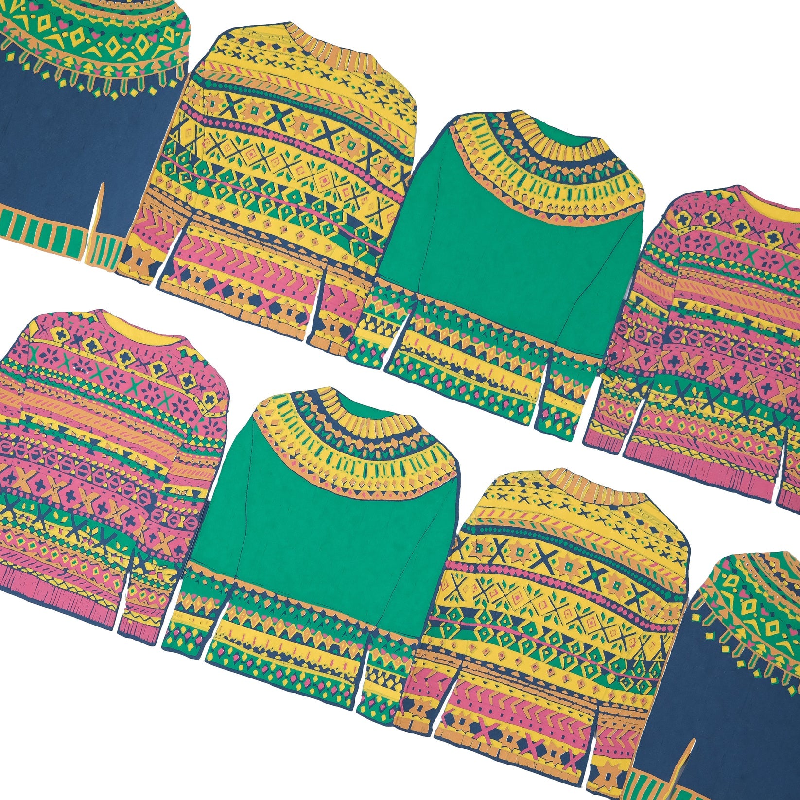 Colorful patterned sweaters arranged on a white background