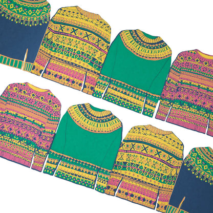 Colorful patterned sweaters arranged on a white background