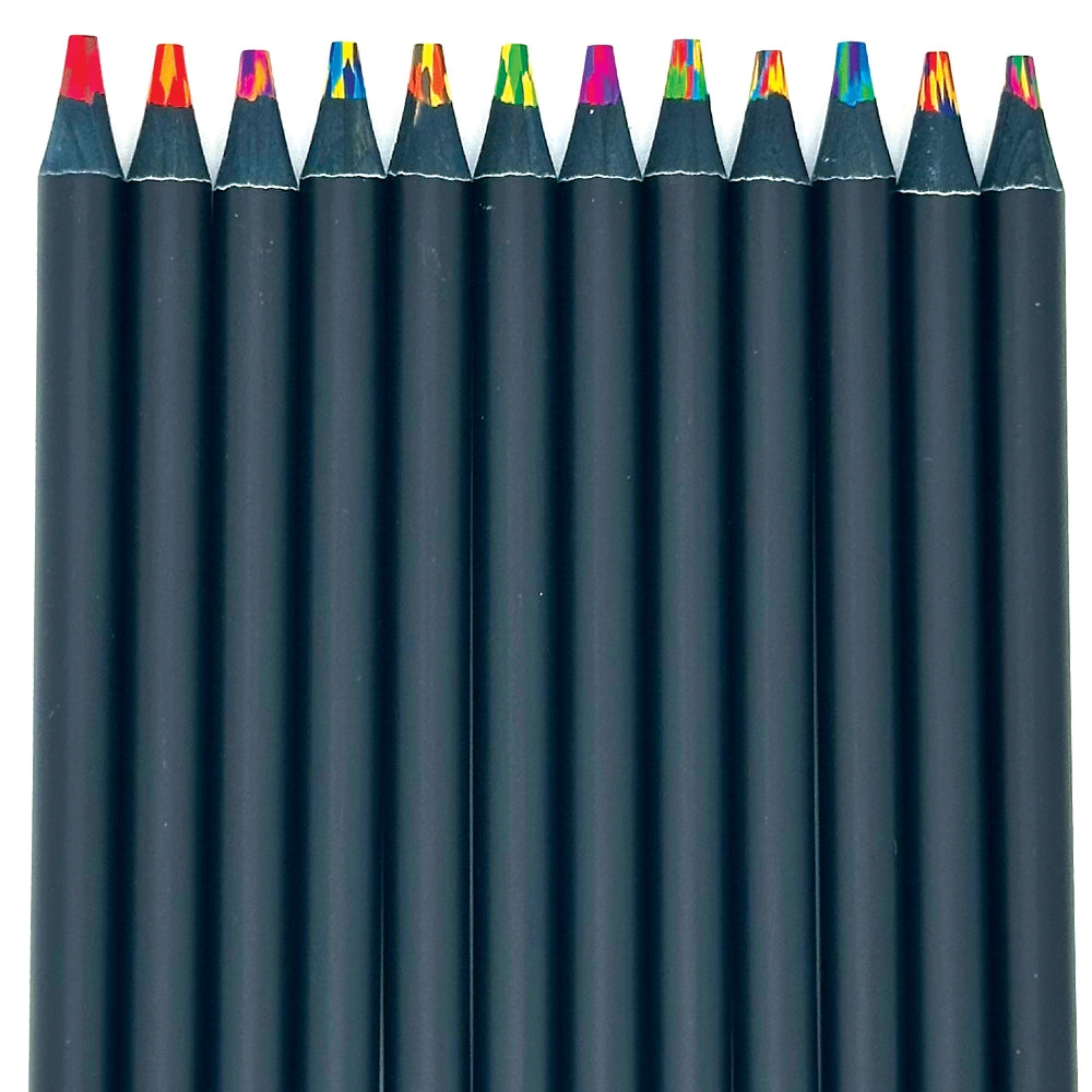 Row of black colored pencils with rainbow tips on a white background