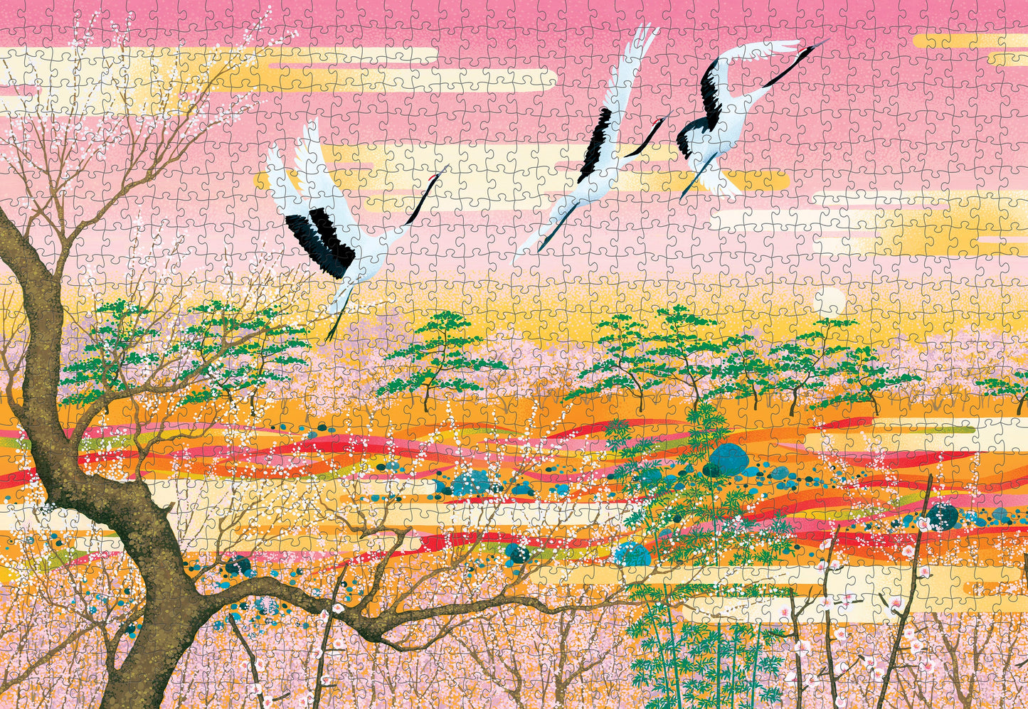 Jigsaw puzzle with a colorful landscape featuring trees and birds.