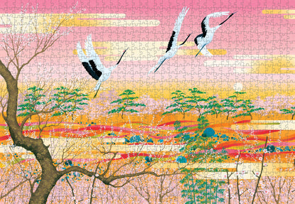 Jigsaw puzzle with a colorful landscape featuring trees and birds.