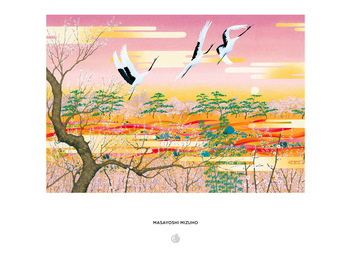 Artistic depiction of cranes flying over a landscape with trees and a colorful sky.
