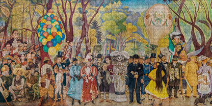 Mural depicting a historical or cultural scene with people in formal attire and colorful decorations.