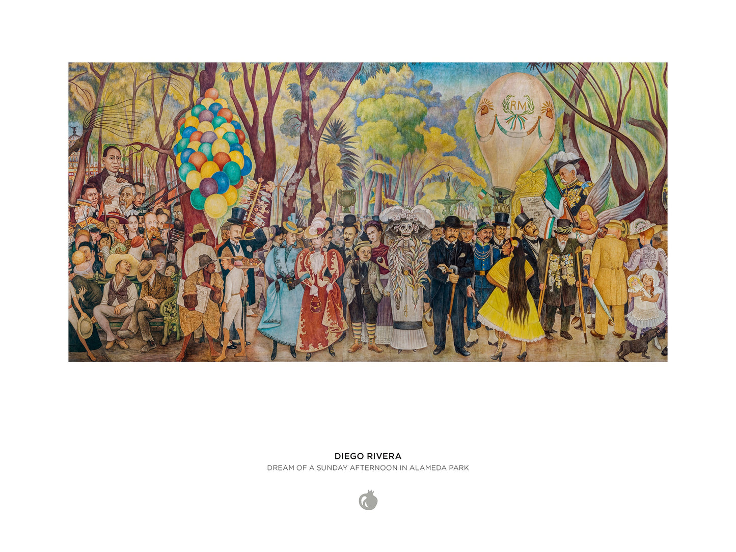 Mural painting by Diego Rivera with people and balloons in a forest setting