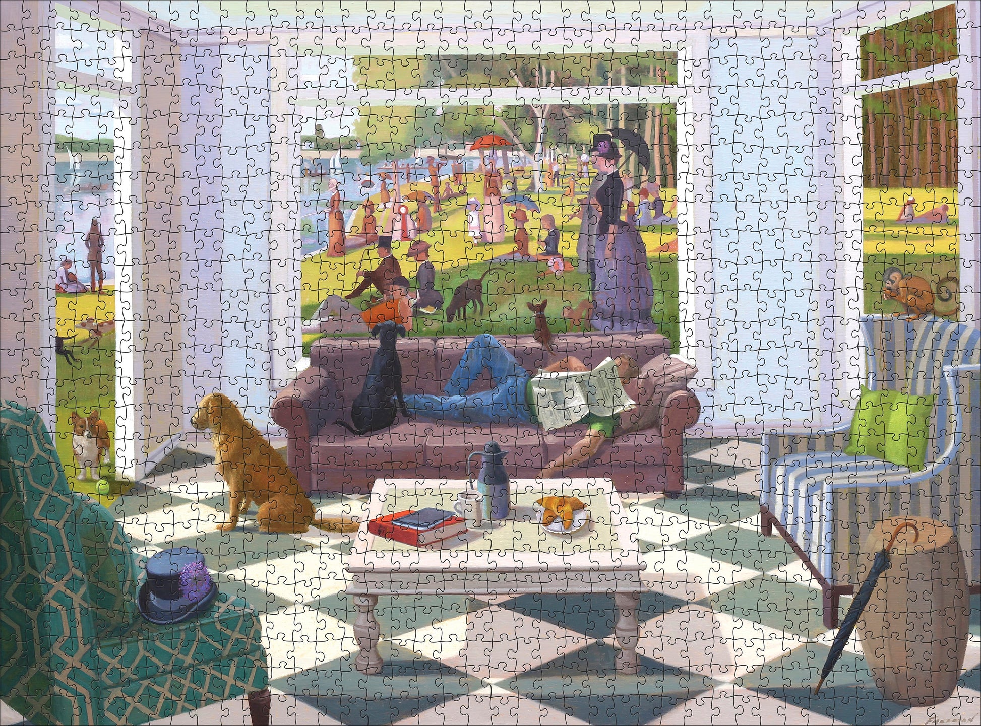 Jigsaw puzzle with a completed scene of a living room and garden.