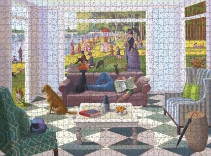 Jigsaw puzzle with a completed scene of a living room and garden.