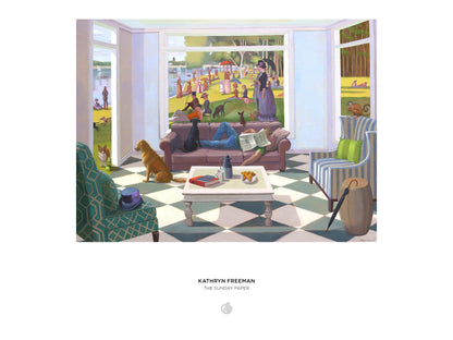 Illustration of a living room with people and dogs, featuring the artist's name Kathryn Freeman.
