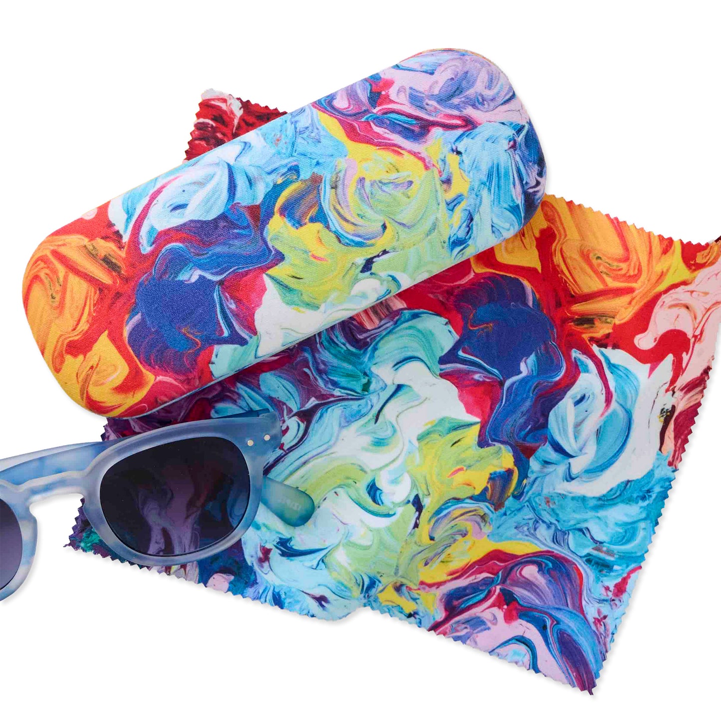 Colorful marbled sunglasses case with sunglasses inside on a white background