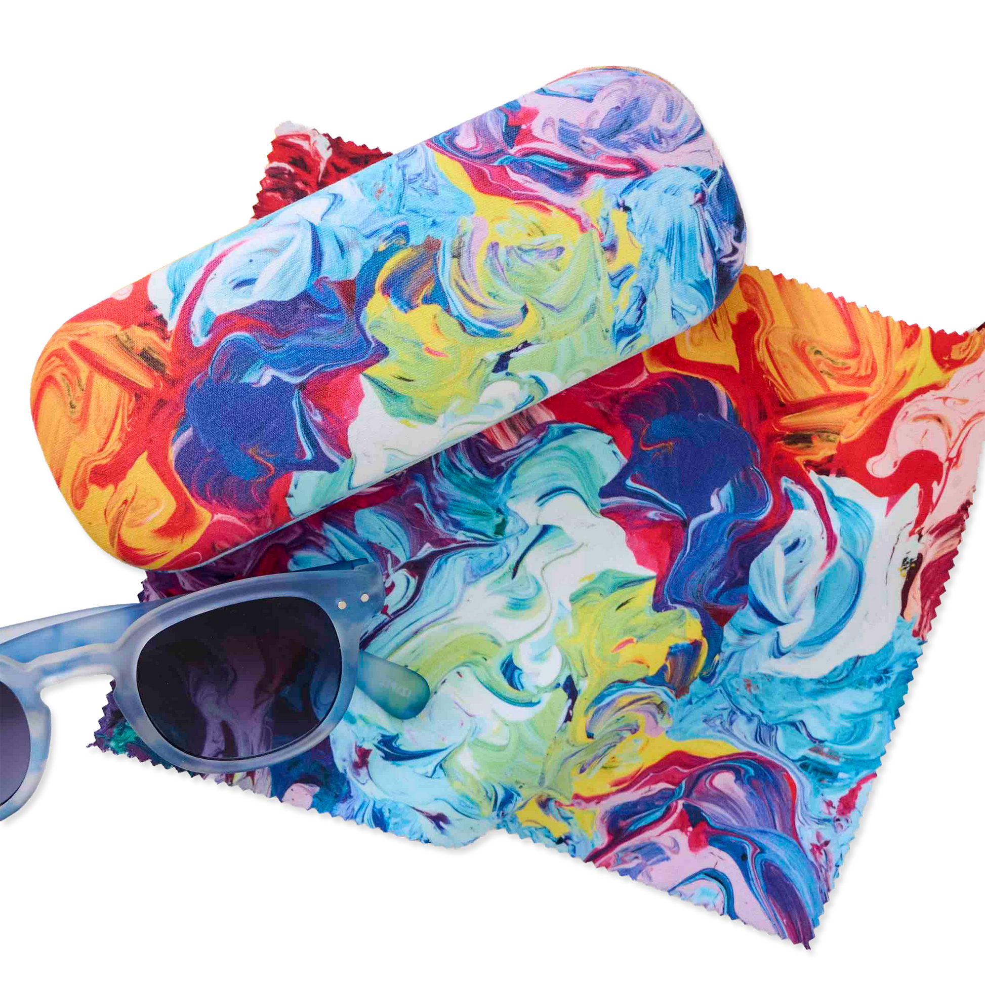 Colorful marbled sunglasses case with sunglasses inside on a white background
