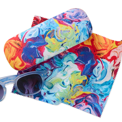 Colorful marbled sunglasses case with sunglasses inside on a white background