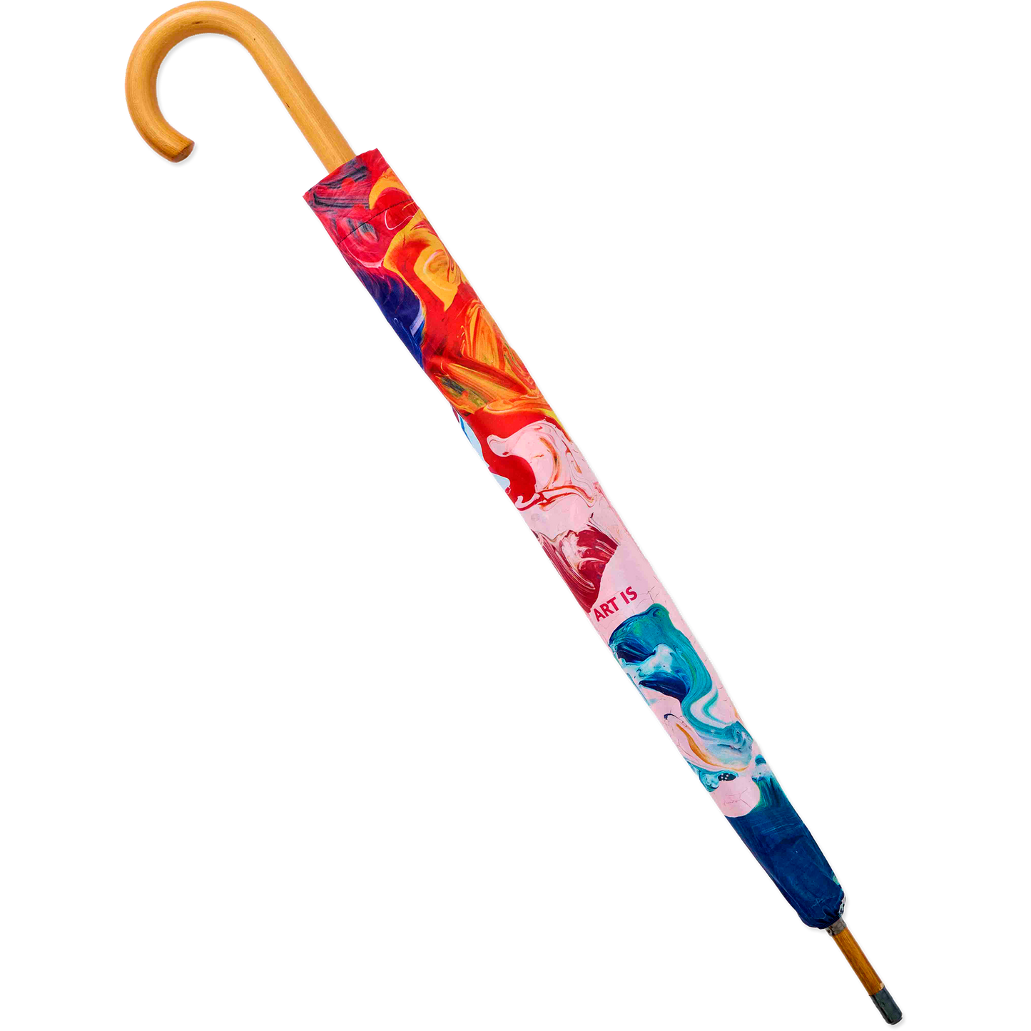 Colorful umbrella with a wooden handle on a white background