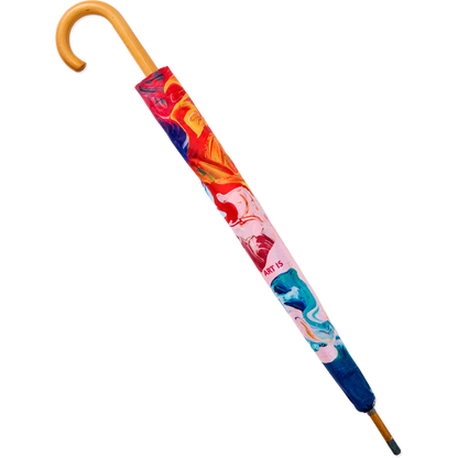 Colorful umbrella with a wooden handle on a white background