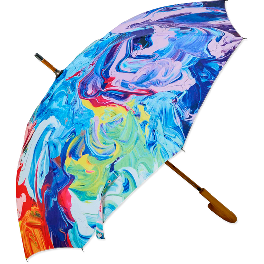 Colorful abstract-patterned umbrella on a white background