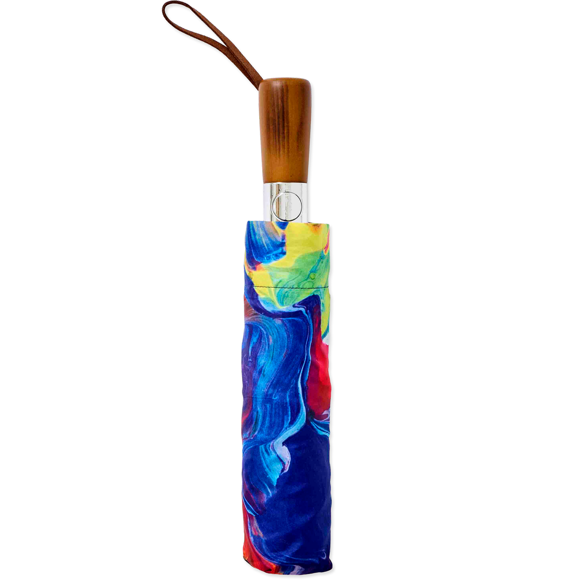 Colorful umbrella with a wooden handle on a white background