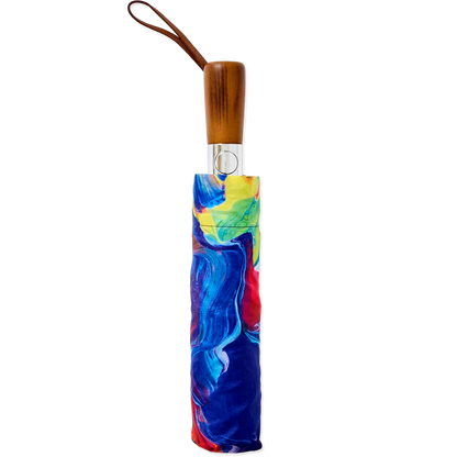 Colorful umbrella with a wooden handle on a white background
