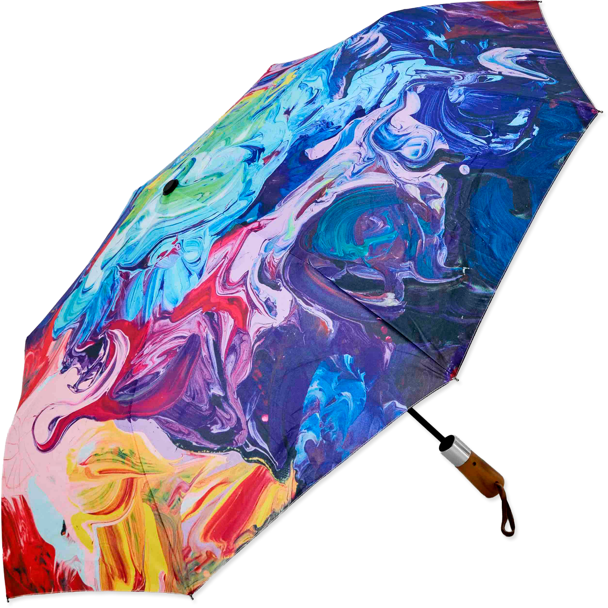 Colorful abstract-patterned umbrella on a white background
