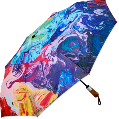 Colorful abstract-patterned umbrella on a white background