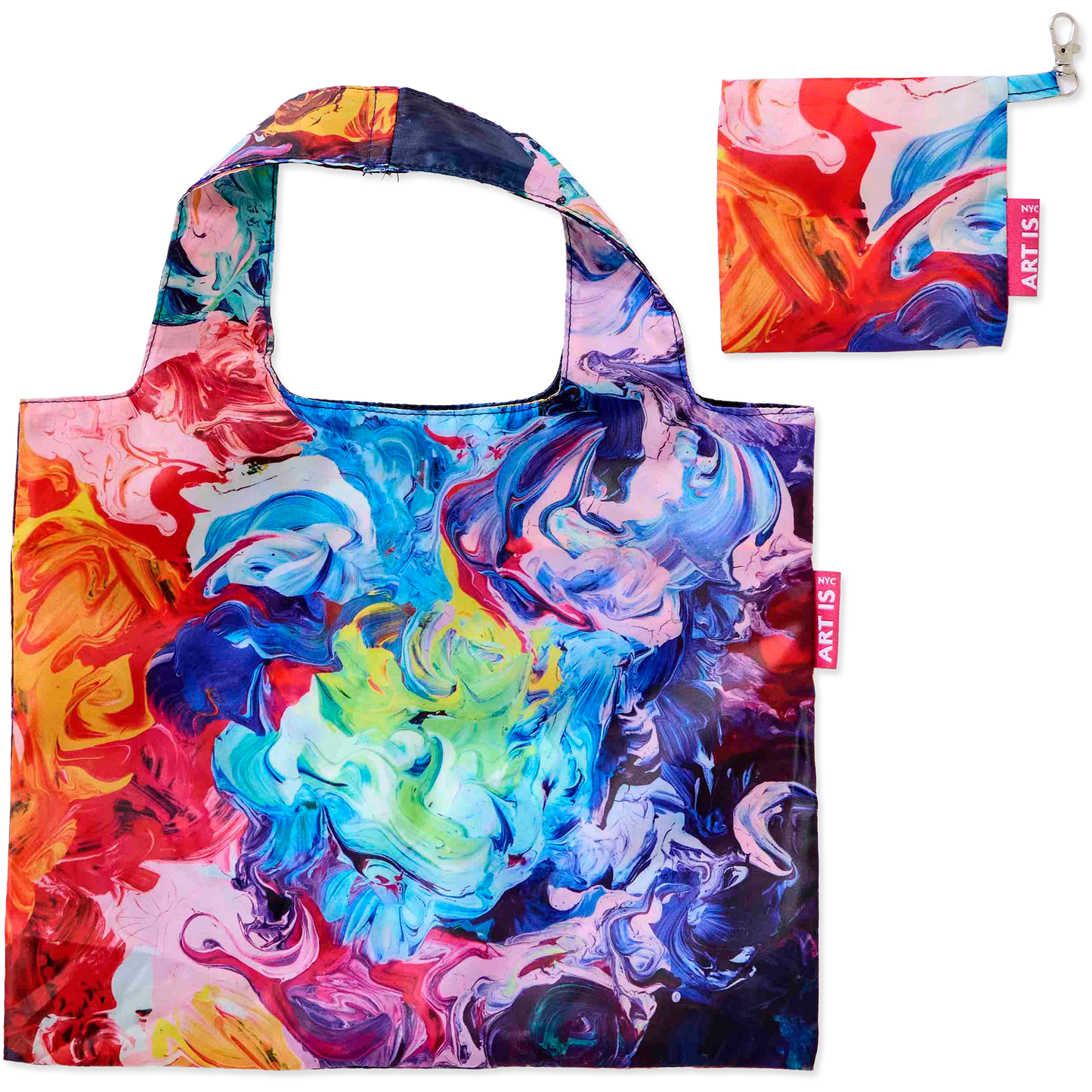 Colorful abstract-patterned bag with matching pouch on a white background