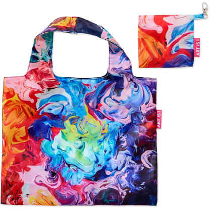 Colorful abstract-patterned bag with matching pouch on a white background