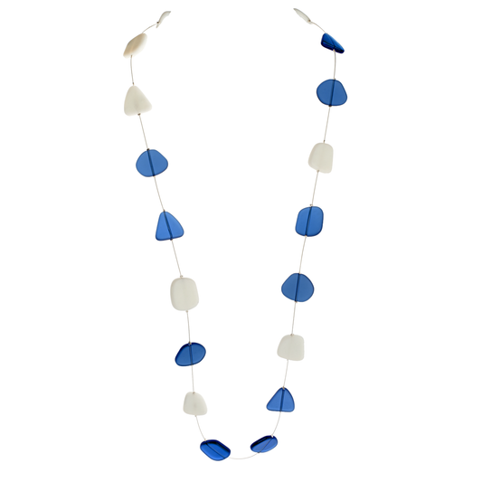 Long 'Alma' Necklace with Blue and White Recycled Glass Beads