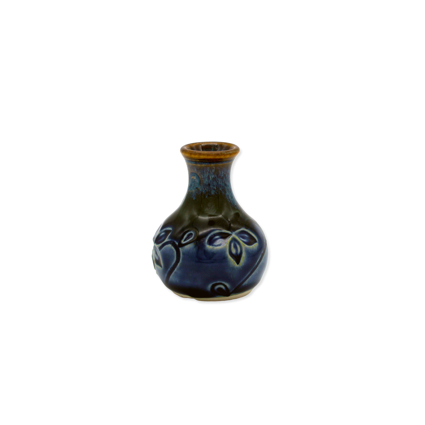 Small ceramic vase with blue glaze on a white background