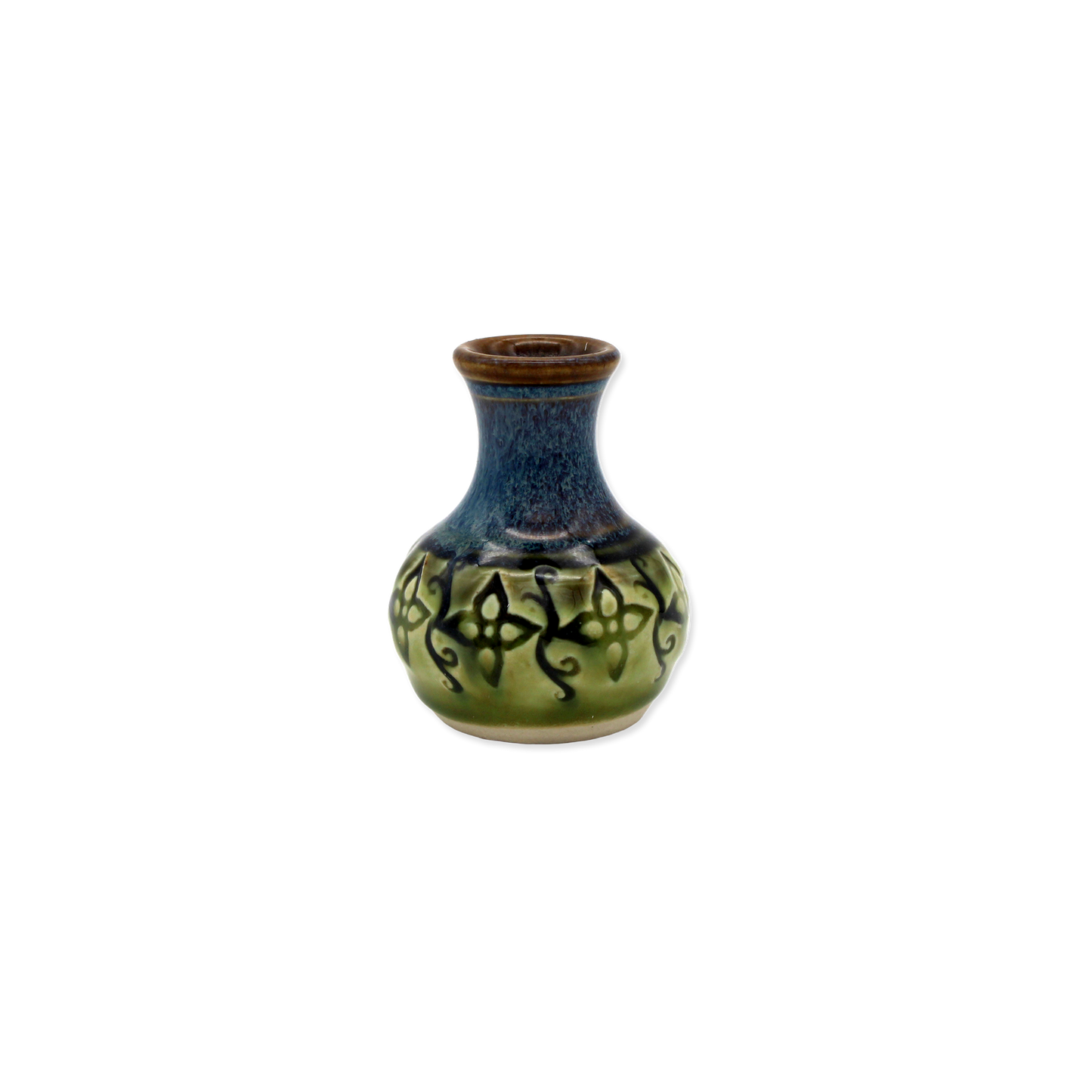 Ceramic vase with blue and green glaze and black patterns on a white background