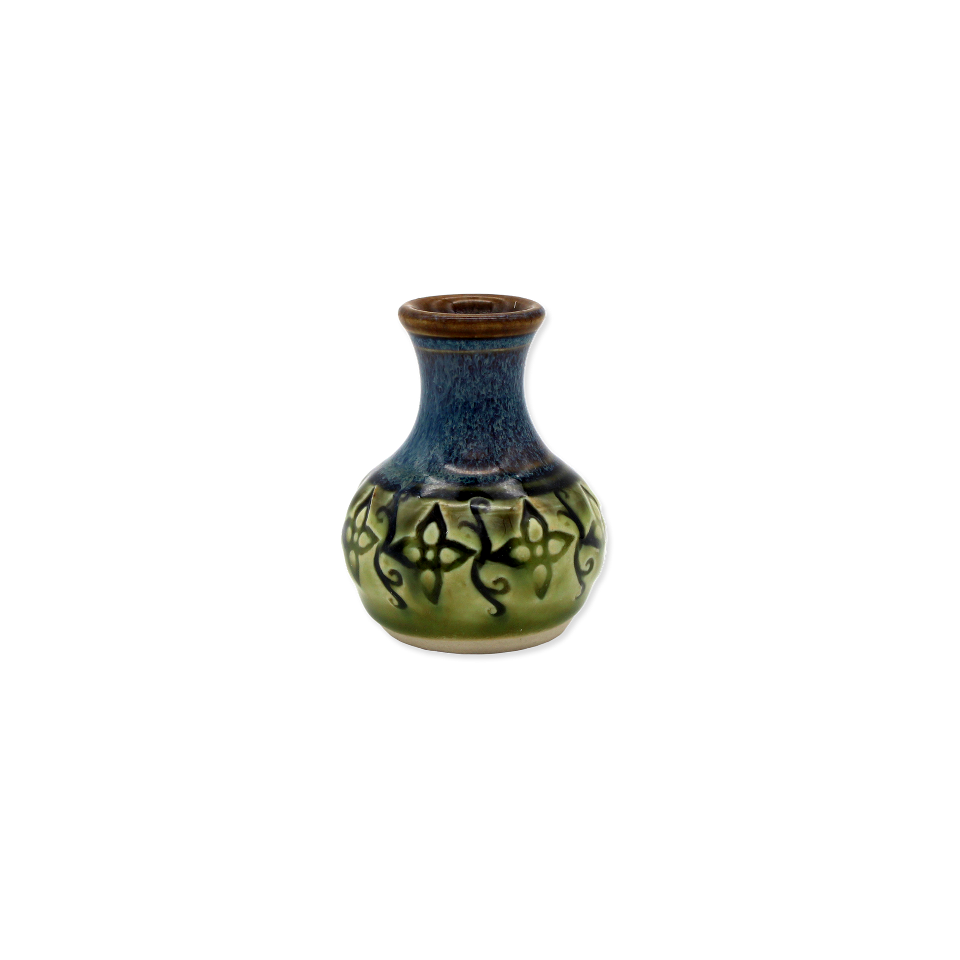 Ceramic vase with blue and green glaze and black patterns on a white background